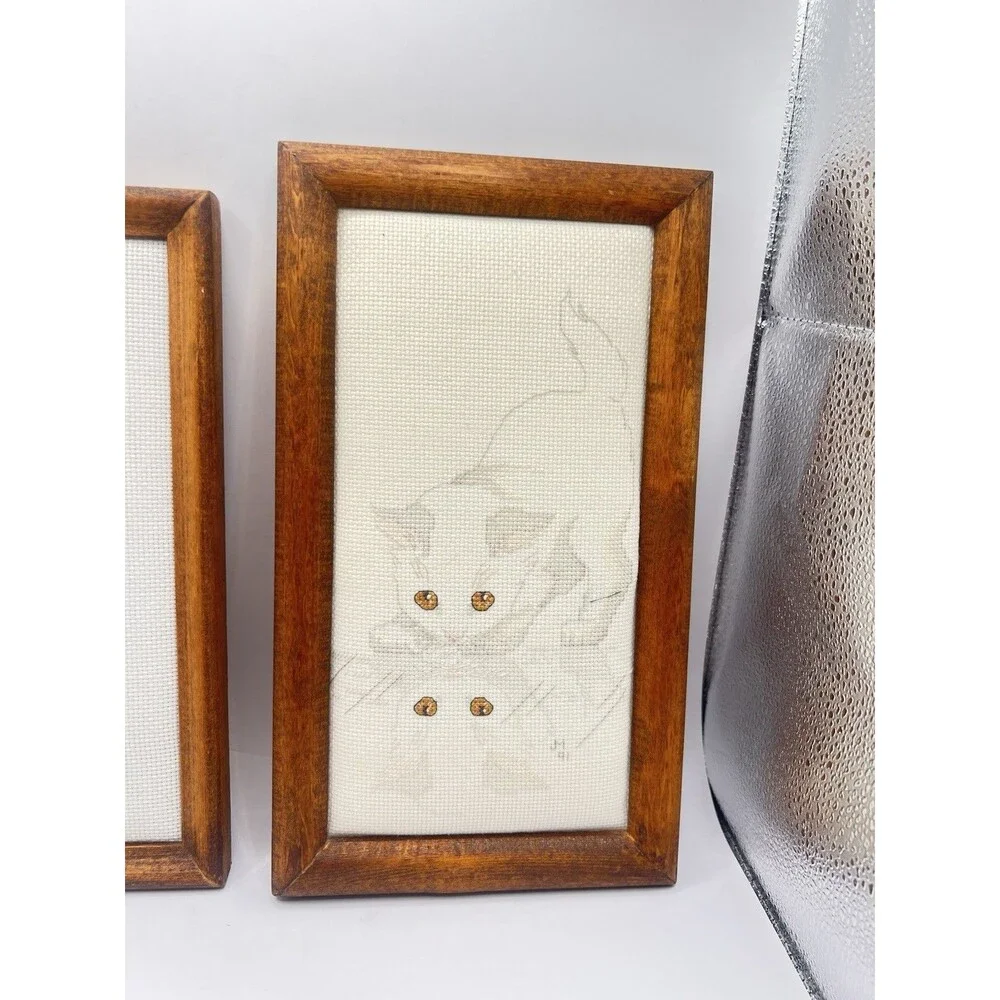 Vintage Framed Cross Stitch Nursery Art Pair Baby Bunny & Cat Kitten Handmade